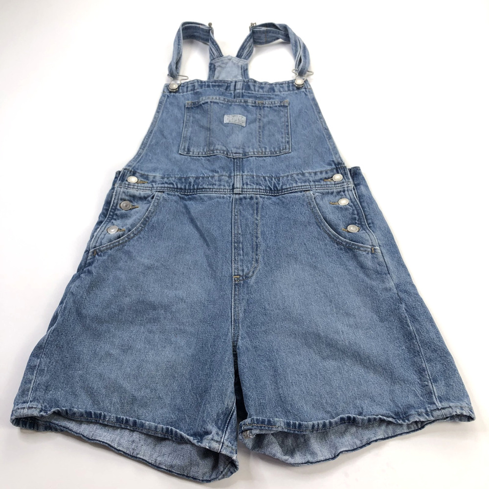 Vintage Medium Levi's Light Wash Denim Overalls 5" Shorts Blue